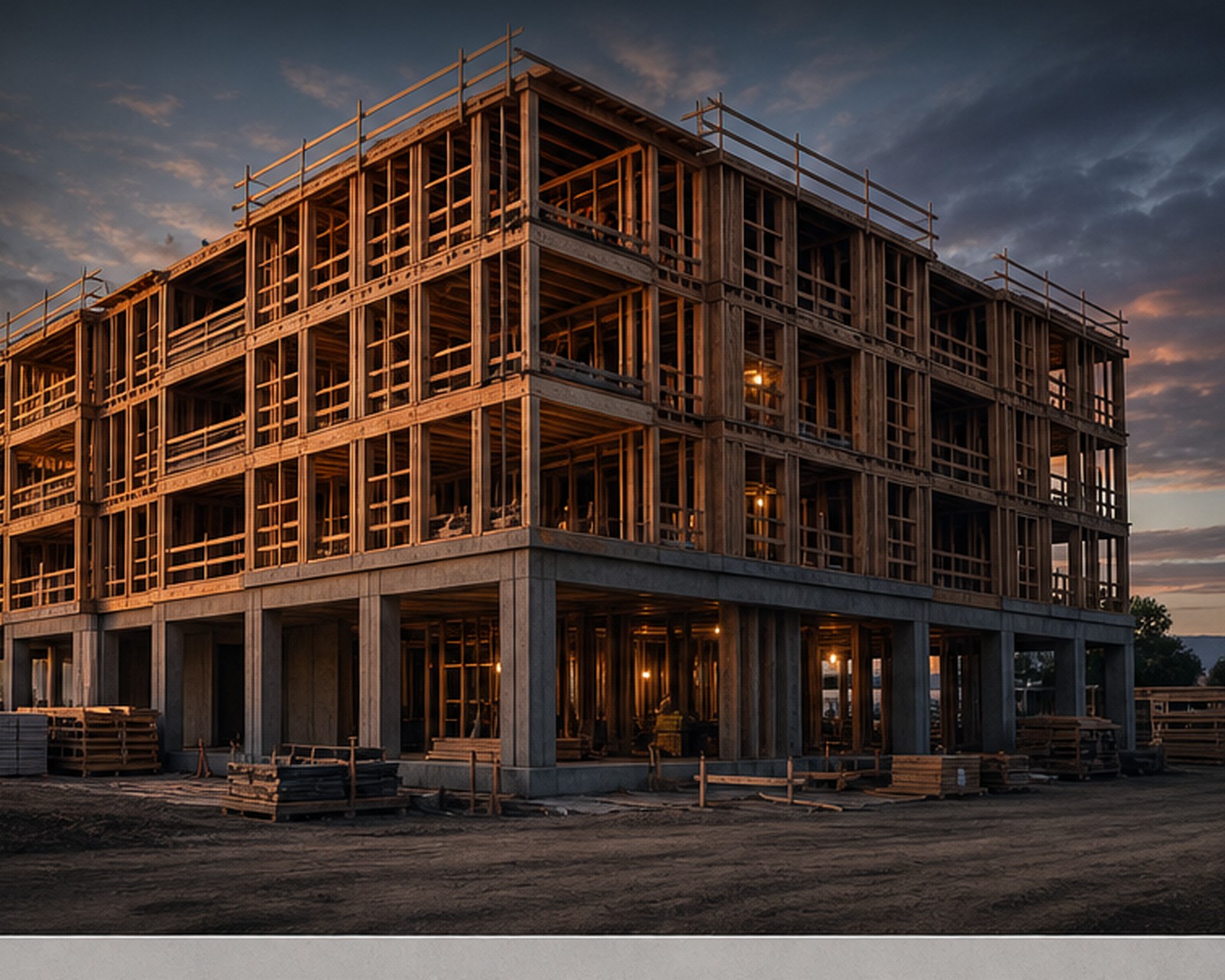 Multi-story commercial building under construction at dusk