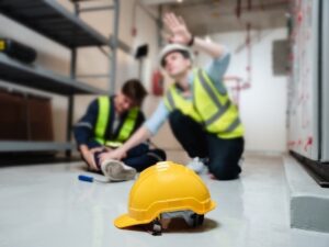Injured construction worker sitting on the floor while a coworker signals for help, with a hard hat in the foreground