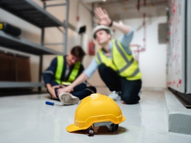 Injured construction worker sitting on the floor while a coworker signals for help, with a hard hat in the foreground