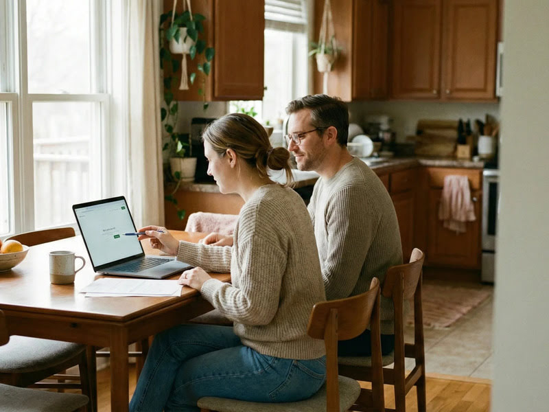 family reviewing insurance documents at kitchen table