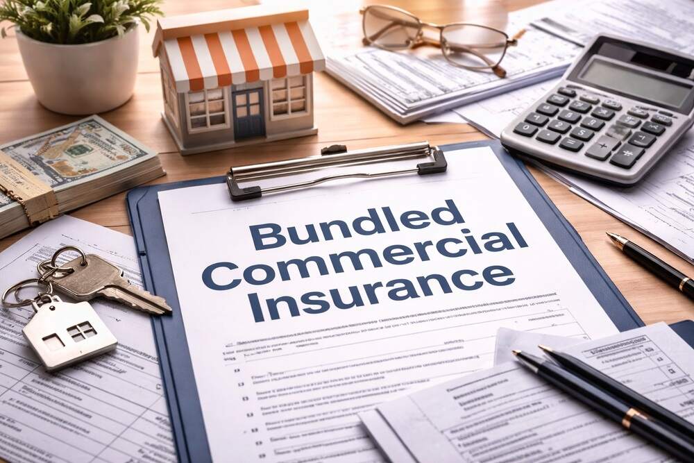 Bundled commercial insurance documents with a calculator, keys, and small business model on a desk