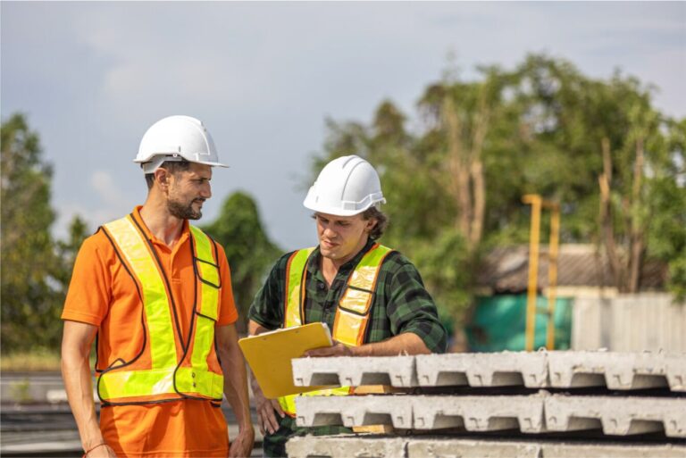 Two construction workers reviewing plans on a jobsite with precast concrete panels, representing California contractor insurance requirements.