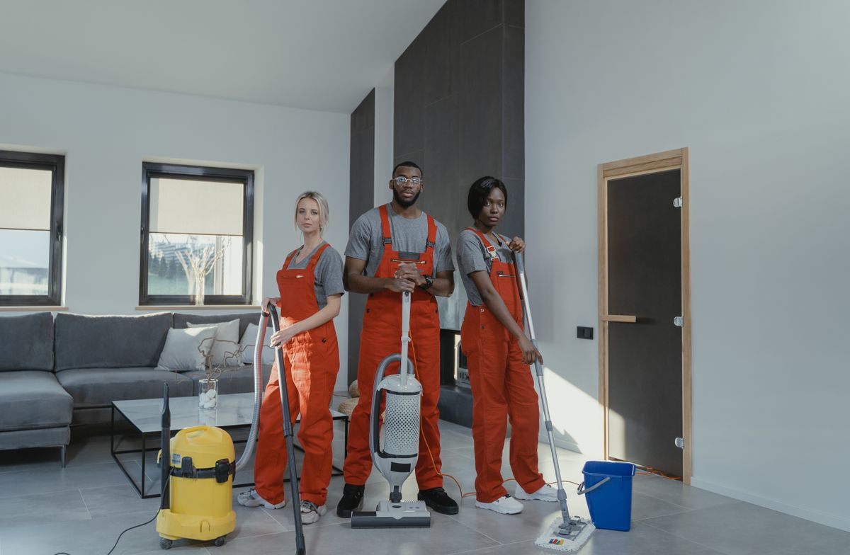 Professional cleaning team working in a commercial space