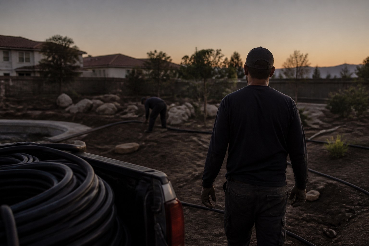 Landscaping crew at dusk, irrigation in the truck bed