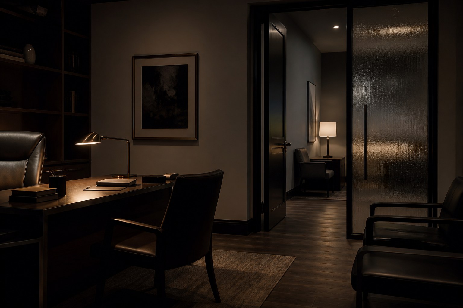 Executive office at night, lamp on the desk