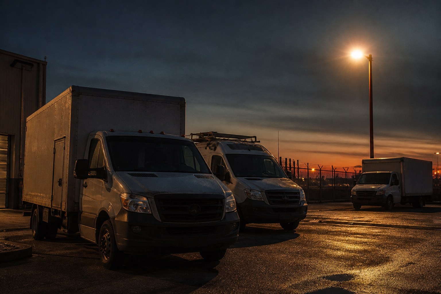 Commercial vans in a yard at dusk